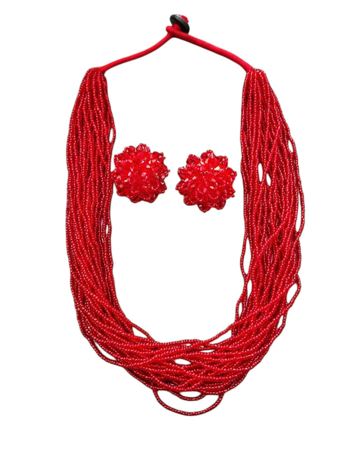 Inhanns Vibrant Handmade 20 Layers Beaded Necklace With Matching Earrings - Red | Grocsy