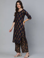Vamika Printed Rayon Navy Blue Party Wear/Casual Wear Kurta Set/Suit | Grocsy