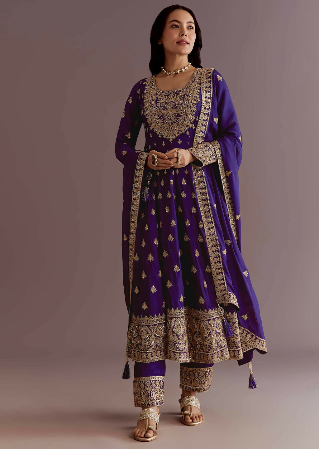 Teeya Creation Purple Color Chinnon Silk Embroidery Work Gown | Grocsy
