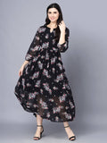 Myshka Black Floral Keyhole Neck Georgette Maxi Dress | Grocsy