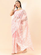 Pink Organza Paisely Embroidered Saree with Unstitched Blouse Piece - Roozal | Grocsy