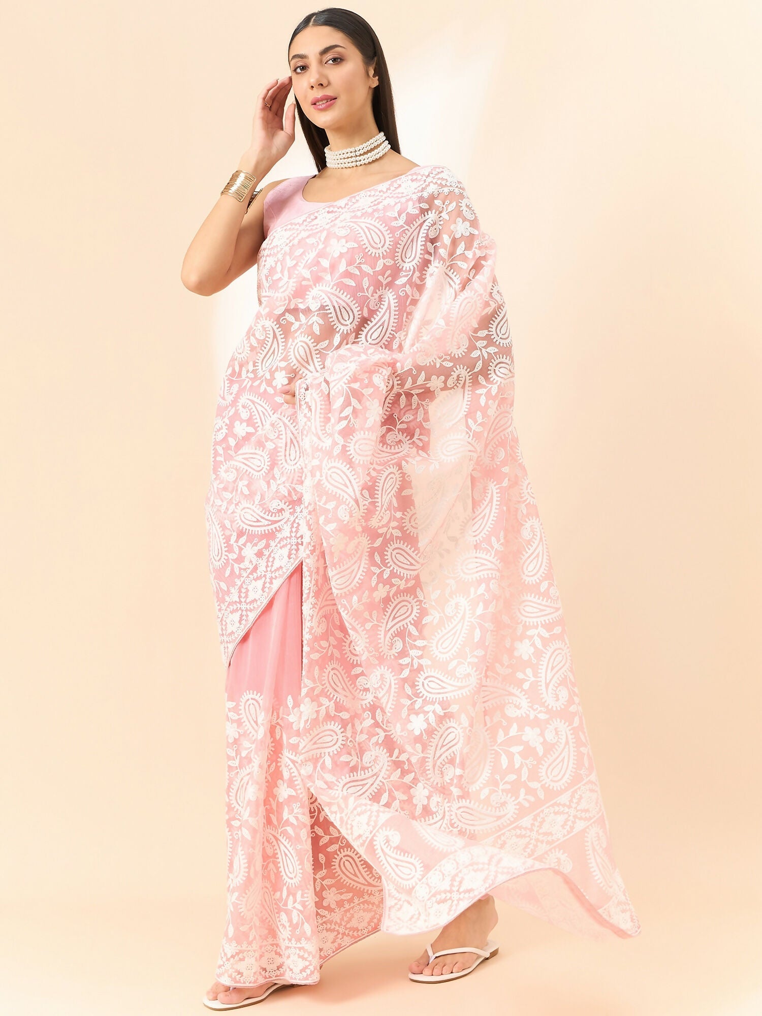 Pink Organza Paisely Embroidered Saree with Unstitched Blouse Piece - Roozal | Grocsy