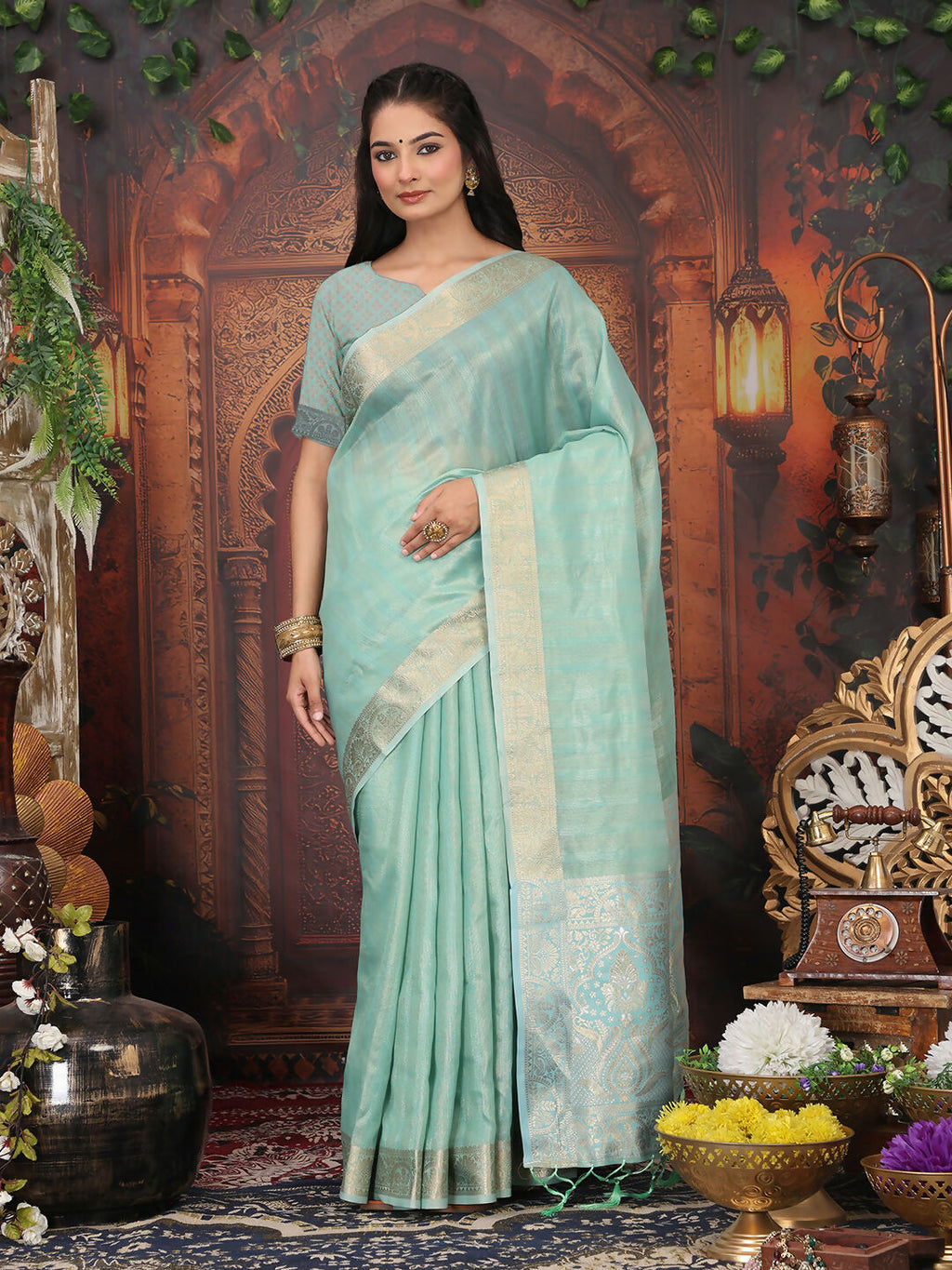 Shree Shyam Fashion Organza Rama Green Saree | Grocsy