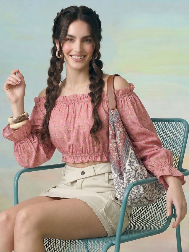 Janasya Blush Crop Cotton Top | Grocsy