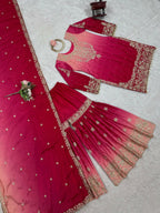 The52 Women's Beautiful Chinon silk Fabric Embroidery Work Straight Kurta Palazzo and Dupatta Set | Grocsy