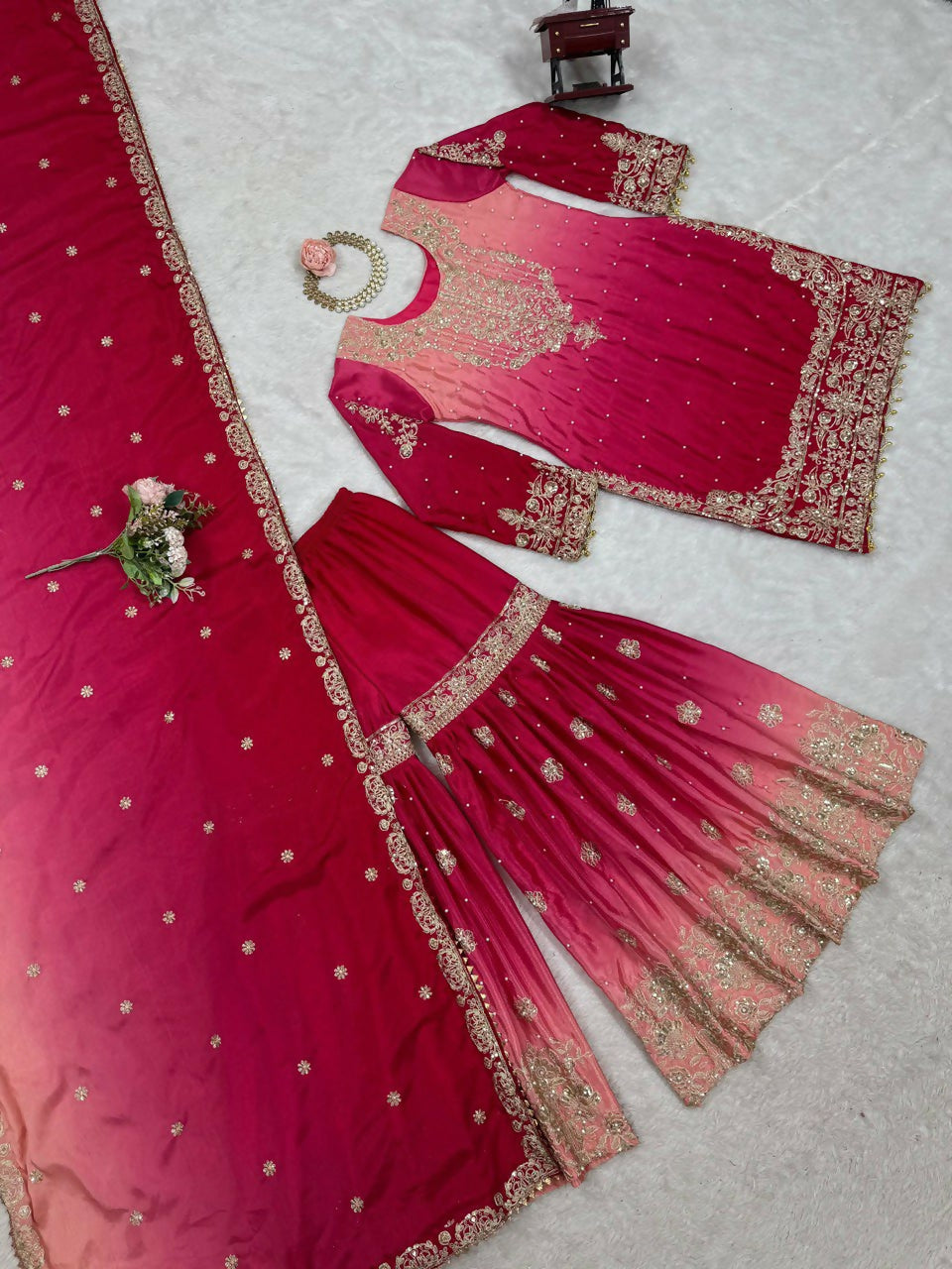 The52 Women's Beautiful Chinon silk Fabric Embroidery Work Straight Kurta Palazzo and Dupatta Set | Grocsy