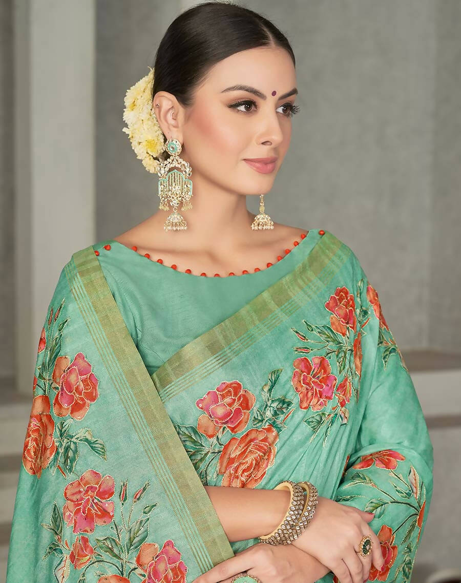Sea Green Rangkat Tussar Silk Woven Design Saree with Unstitched Blouse - Mohmanthan Eshani | Grocsy