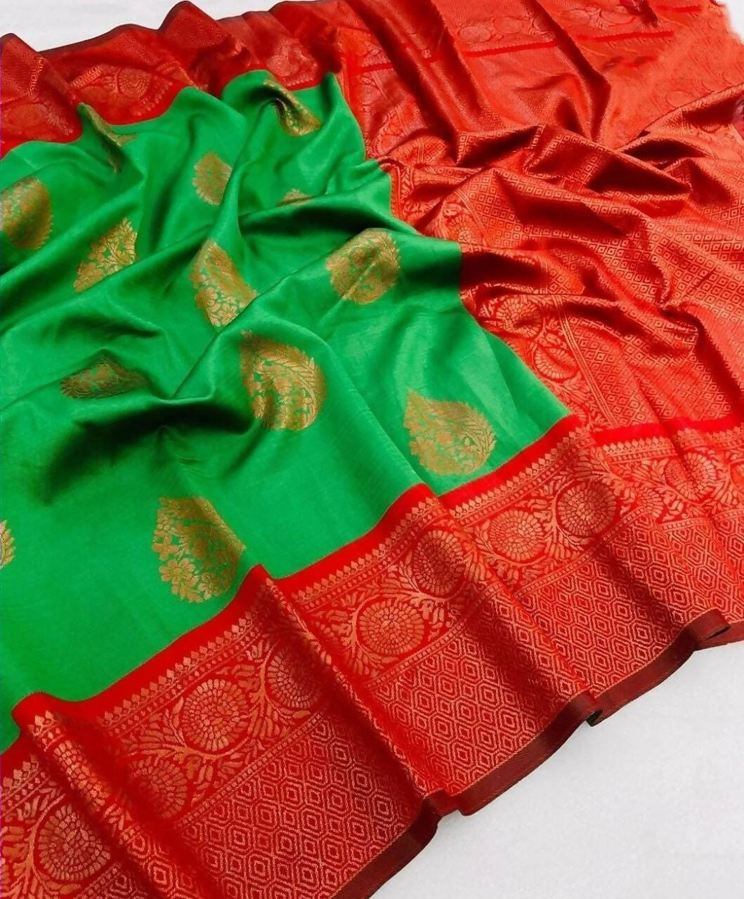 DEIANA'S Beautiful Designer Golden zari Soft Lichi Silk Saree - Light Green | Grocsy