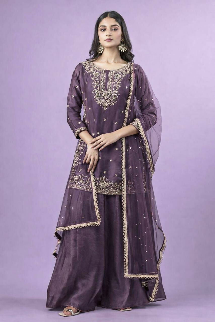 Teeya Creation New Trendy Womens Wedding Wear Kurta Palazzo Set - Lavender | Grocsy