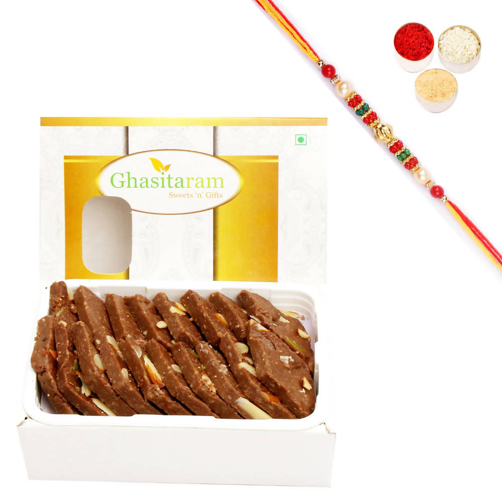 Ghasitaram Chocolate Kaju Katli With Pearl Beads Rakhi | Grocsy