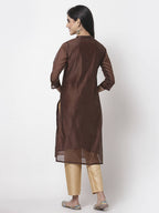 Myshka Women Maroon Chanderi Embroidered 3/4 Sleeve Round Neck Kurta | Grocsy