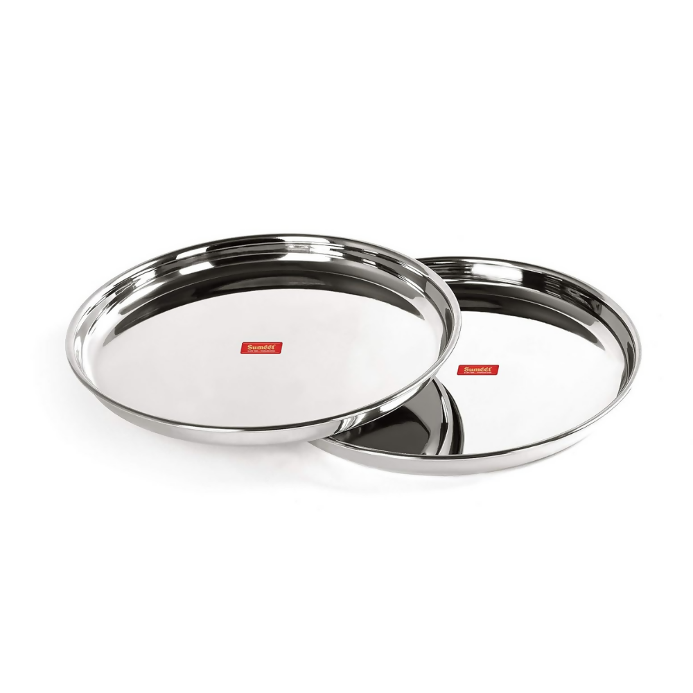 Sumeet Stainless Steel Heavy Gauge Deep Wall Dinner Plates with Mirror Finish | Grocsy