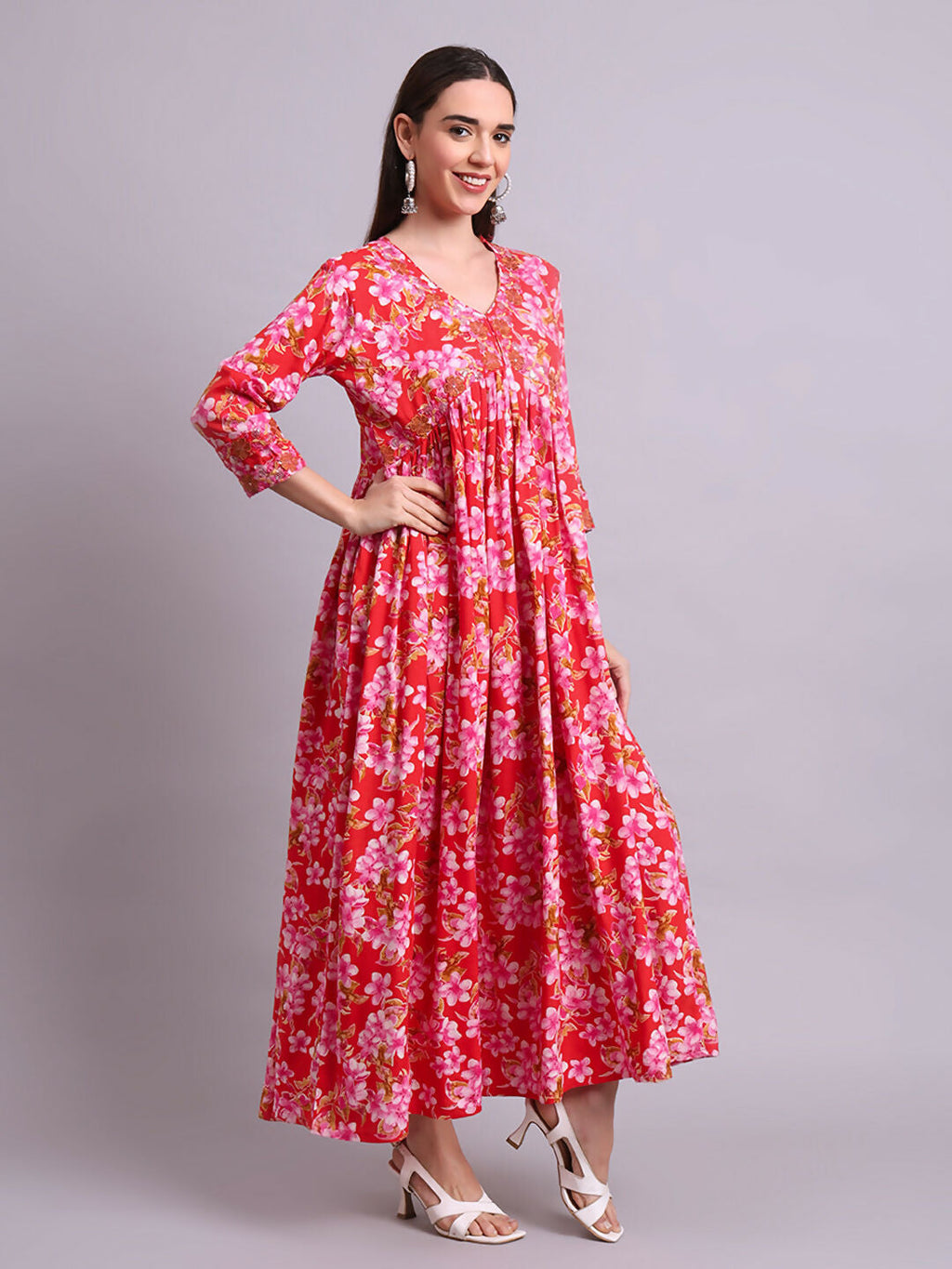 Joban Fashion Red Cotton Floral Printed & Embroidery Work Anarkali Dress With Dupatta Set | Grocsy