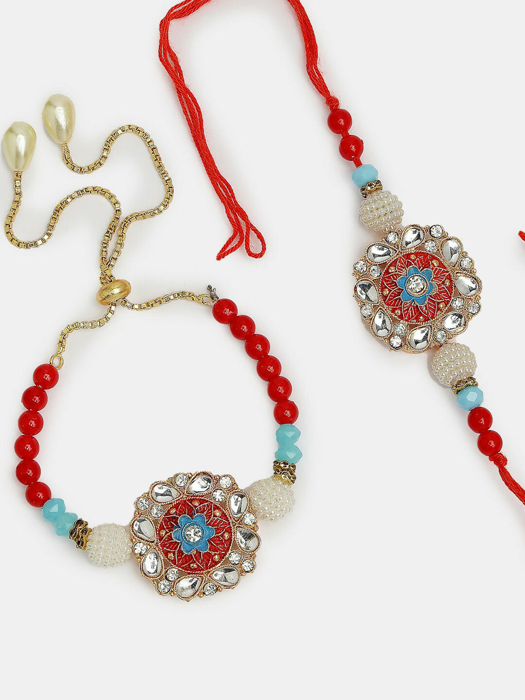NVR Women & Men Set of 2 Red-colored Stone-Studded & Beaded Bhaiya Bhabhi Rakhi With Roli Chawal & Chocolate | Grocsy