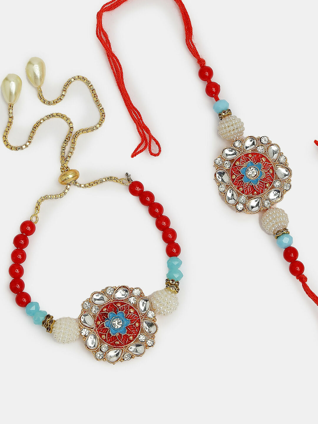 NVR Women & Men Set of 2 Red-colored Stone-Studded & Beaded Bhaiya Bhabhi Rakhi With Roli Chawal & Chocolate | Grocsy