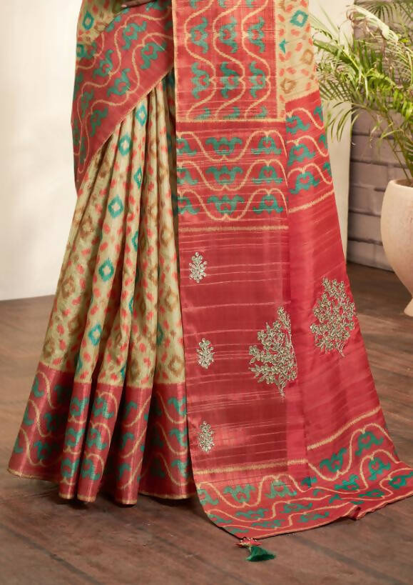 Beige Bhagalpuri Silk Woven design with Hand work butta Saree - Norita Nirvi | Grocsy
