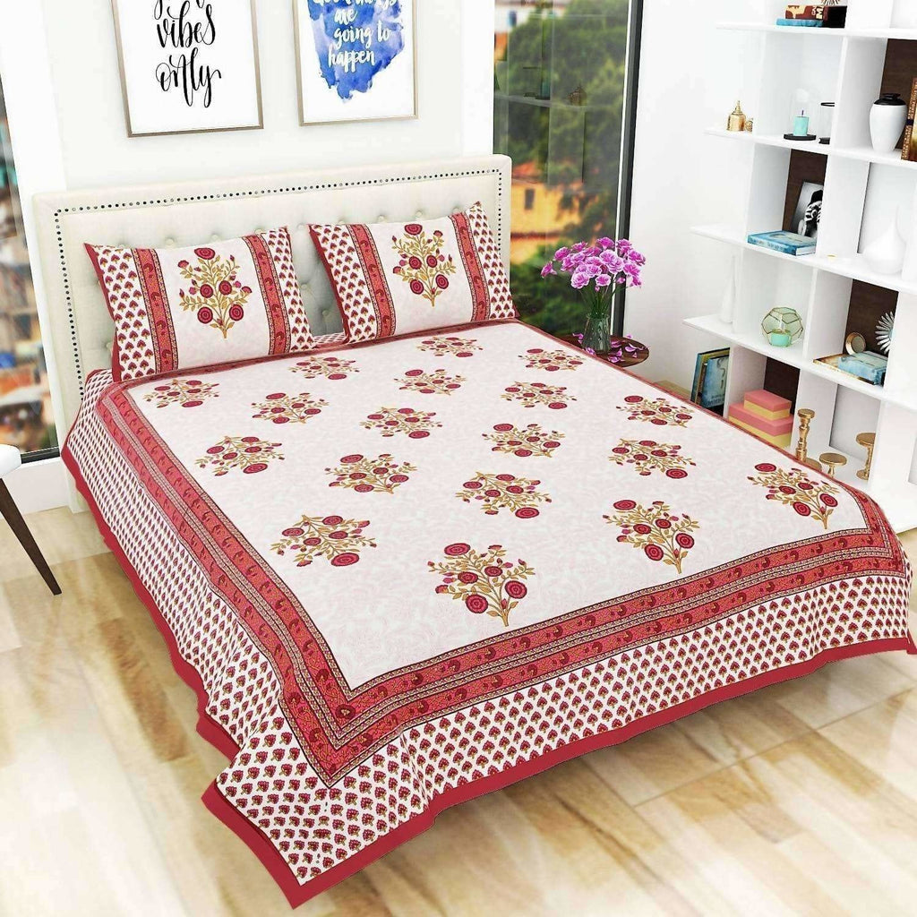 Floral Print Queen Size 90x108 Inches Jaipuri Flat Bed Sheet Bedspread with 2 Pillowcases | Grocsy