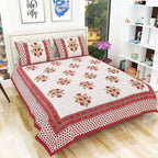 Floral Print Queen Size 90x108 Inches Jaipuri Flat Bed Sheet Bedspread with 2 Pillowcases | Grocsy