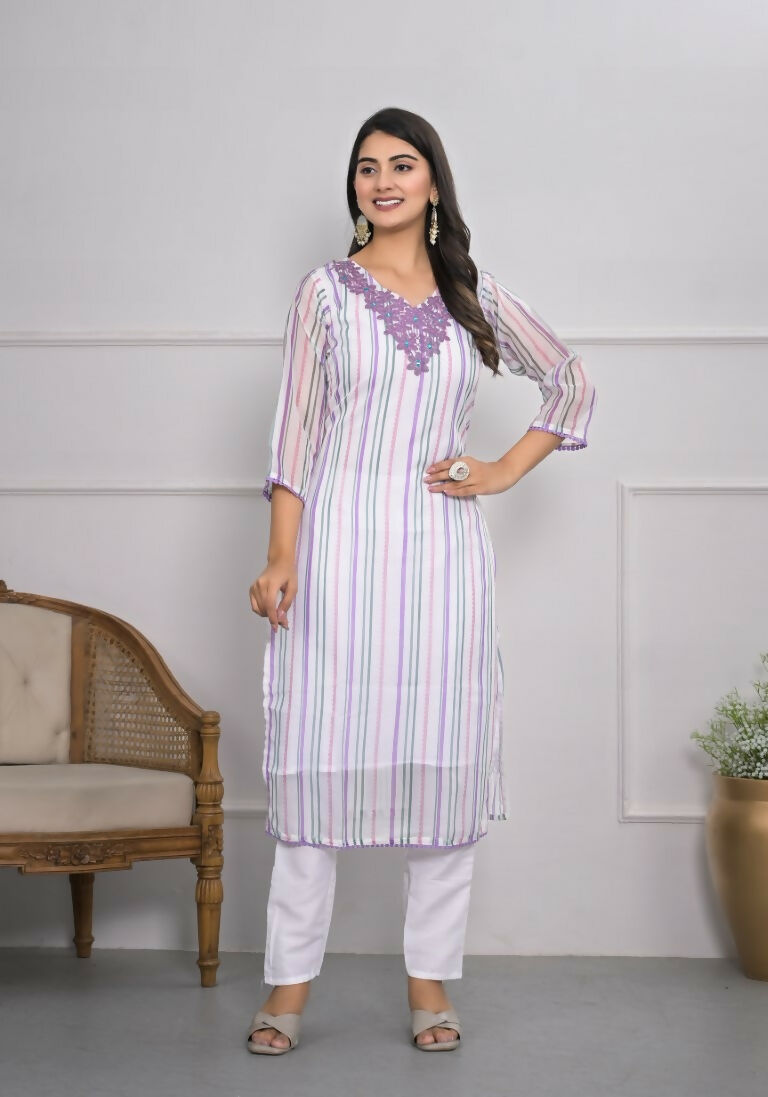 White Viscose Silk Embroidery with Thread and sequence Stitched Suit With Dupatta - Tanisha | Grocsy
