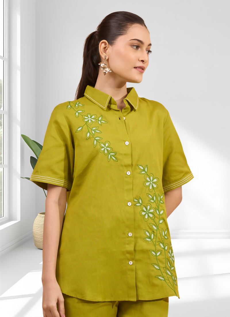 Joban Fashion Green Cotton, Linen Embroidered Readymade Cord Set | Grocsy