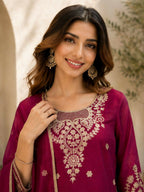 Teeya Creation Wine Embroidered Silk Palazzo Suit With Dupatta | Grocsy