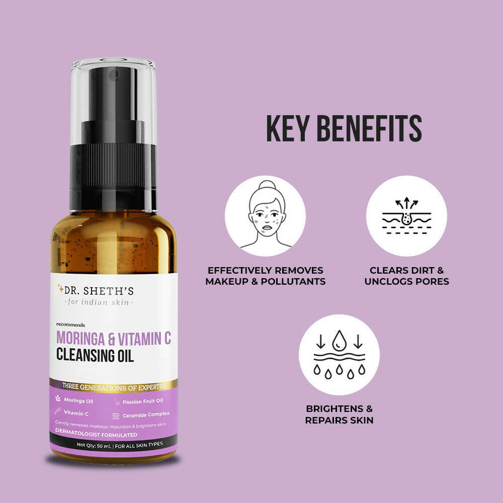 Dr. Sheth's Moringa & Vitamin C Face Cleansing Oil For Deep Pore Cleansing, Removes Makeup & Impurities, Hydrates | Grocsy