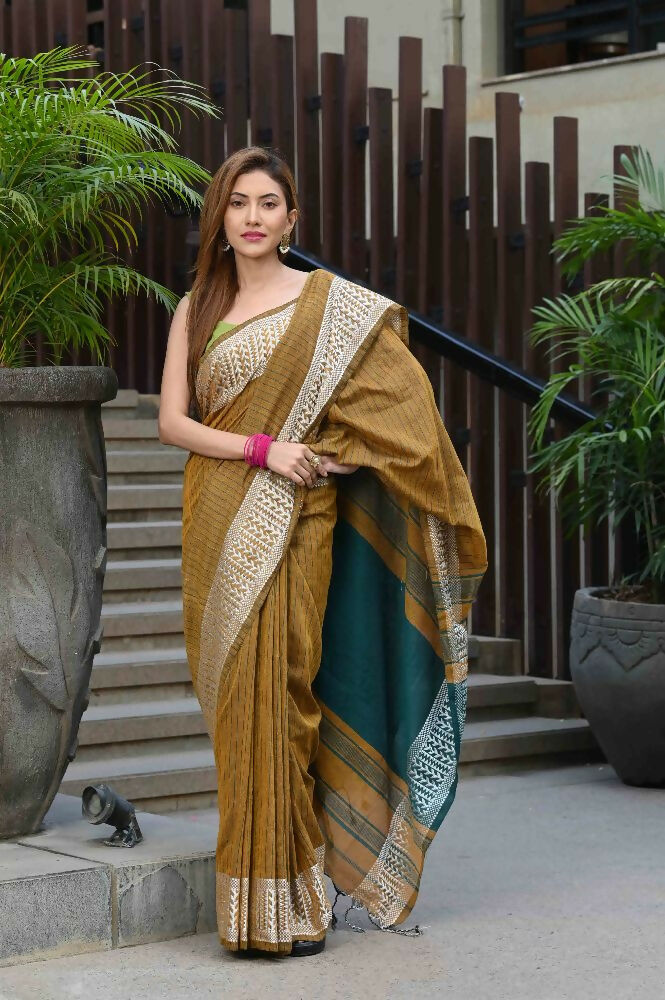 Beatitude Mustard Cotton Jacquard Border Tangail Handloom Saree | Grocsy