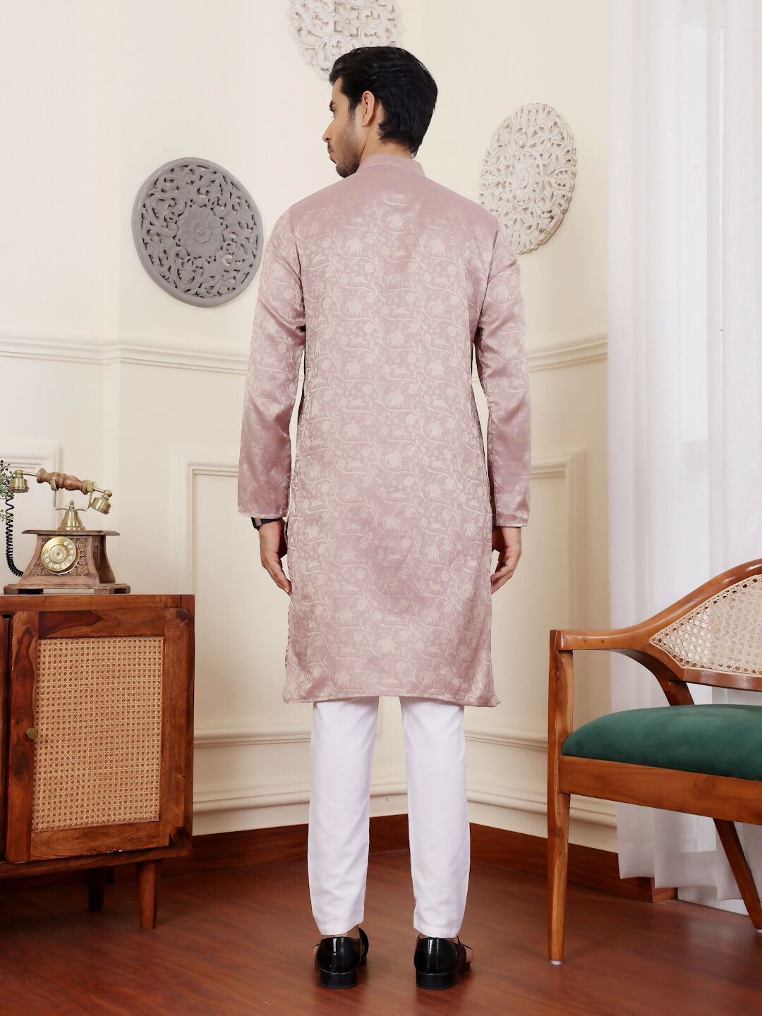 Mauve Modal Silk Wevon Designer Men's Rajwadi Kurta Set - Mahotsav | Grocsy