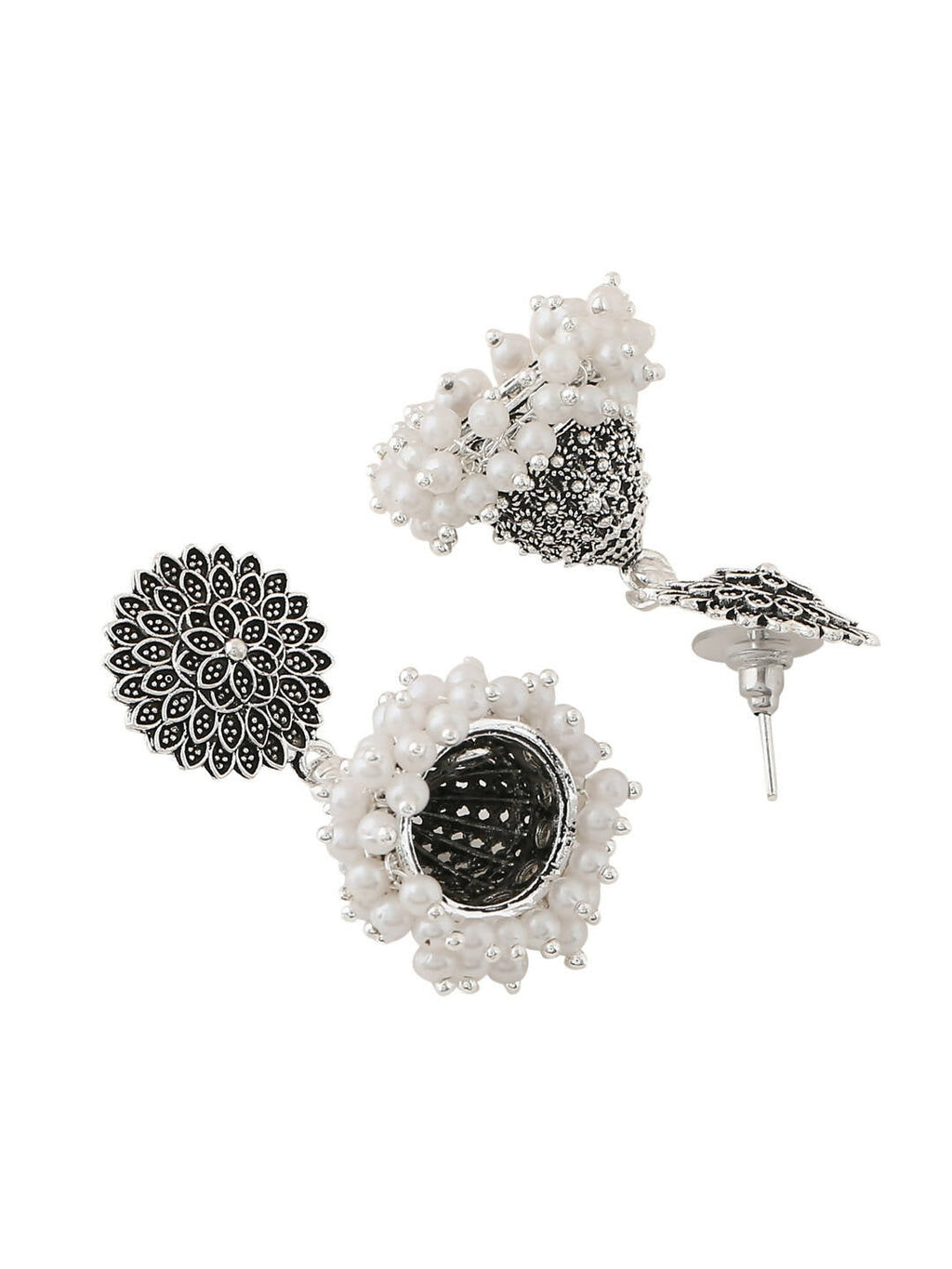 NVR Women Silver Toned Dome Shaped Jhumkas Earrings | Grocsy