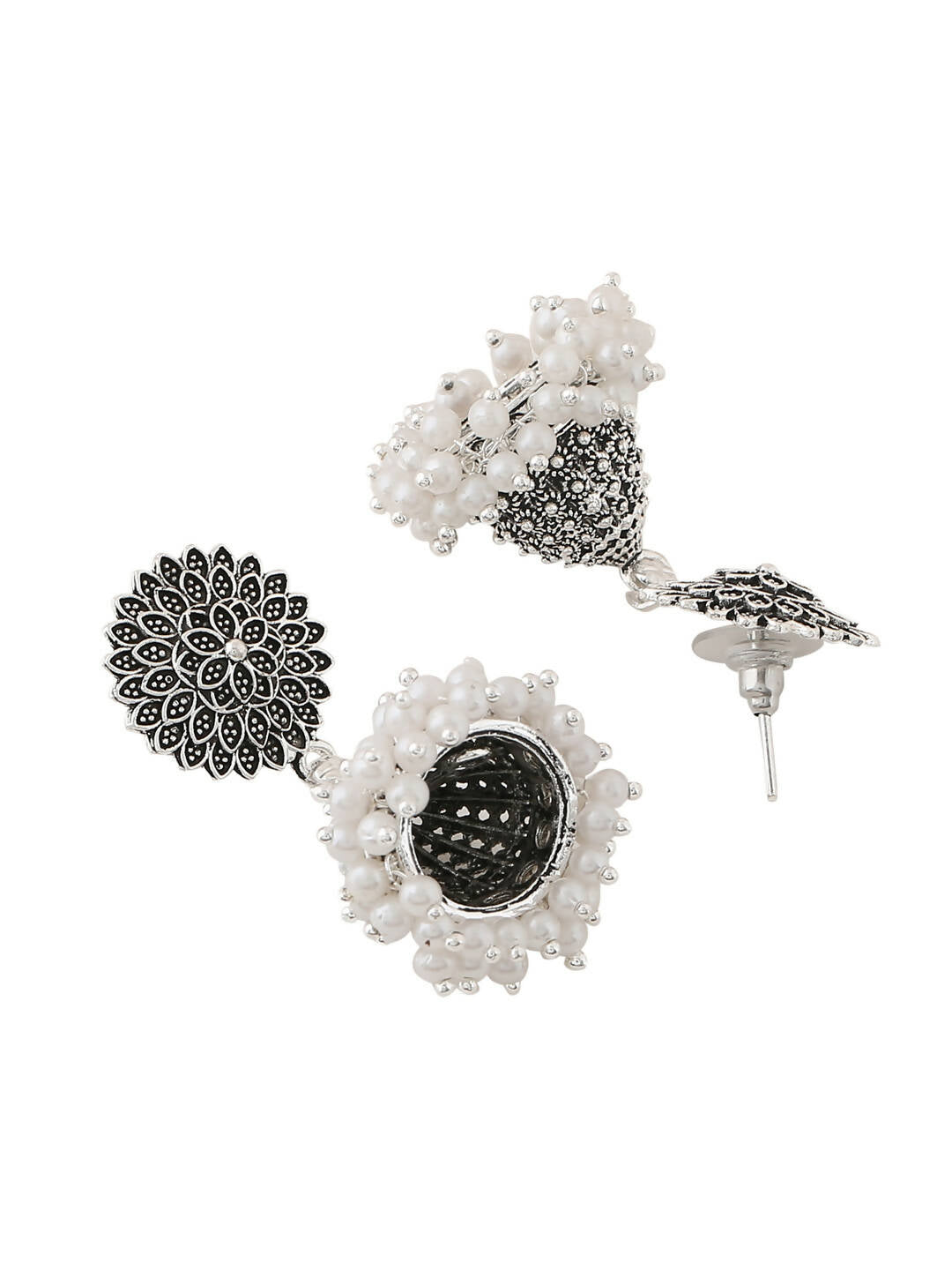 NVR Women Silver Toned Dome Shaped Jhumkas Earrings | Grocsy