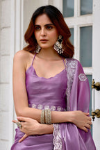 Vastranavya Lavender Embroidery Work Shimmer Chiffon Saree with Unstitched Blouse | Grocsy