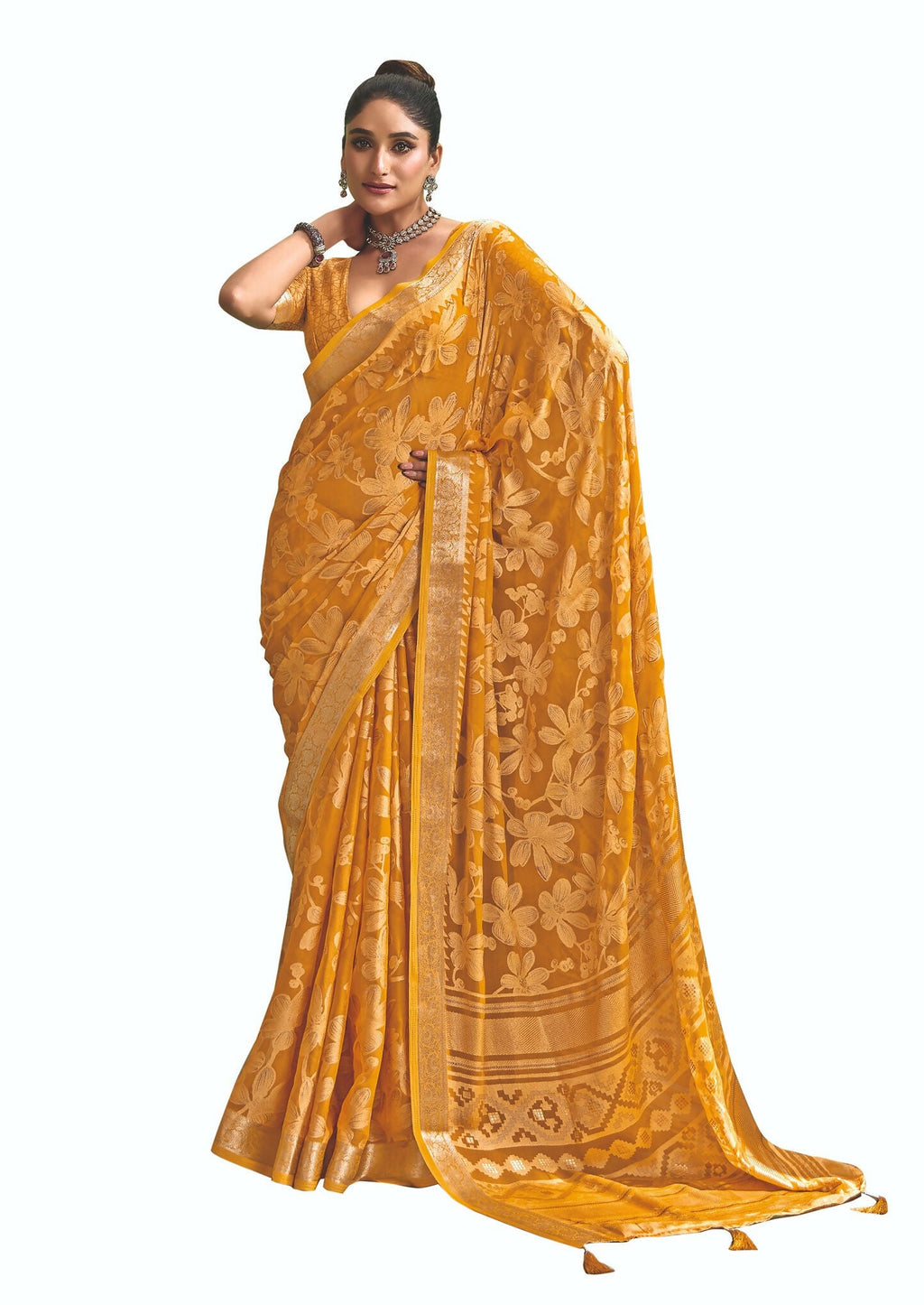 Joban Fashion Yellow Dull Moss Brasso With Kasab Zari Border Saree & Tassels With Brasso Blouse | Grocsy