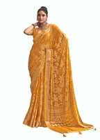 Joban Fashion Yellow Dull Moss Brasso With Kasab Zari Border Saree & Tassels With Brasso Blouse | Grocsy