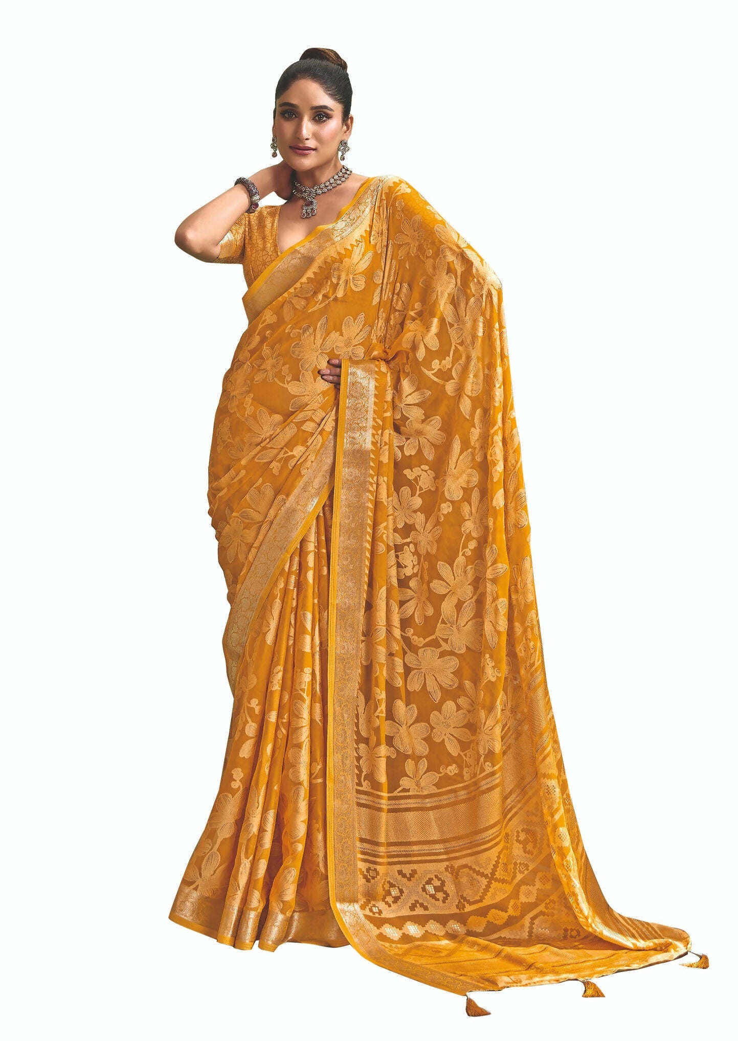 Joban Fashion Yellow Dull Moss Brasso With Kasab Zari Border Saree & Tassels With Brasso Blouse | Grocsy