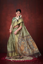 Pista Green Poly Habotai Silk Foil Print Saree with Unstitched Blouse - Kathari | Grocsy