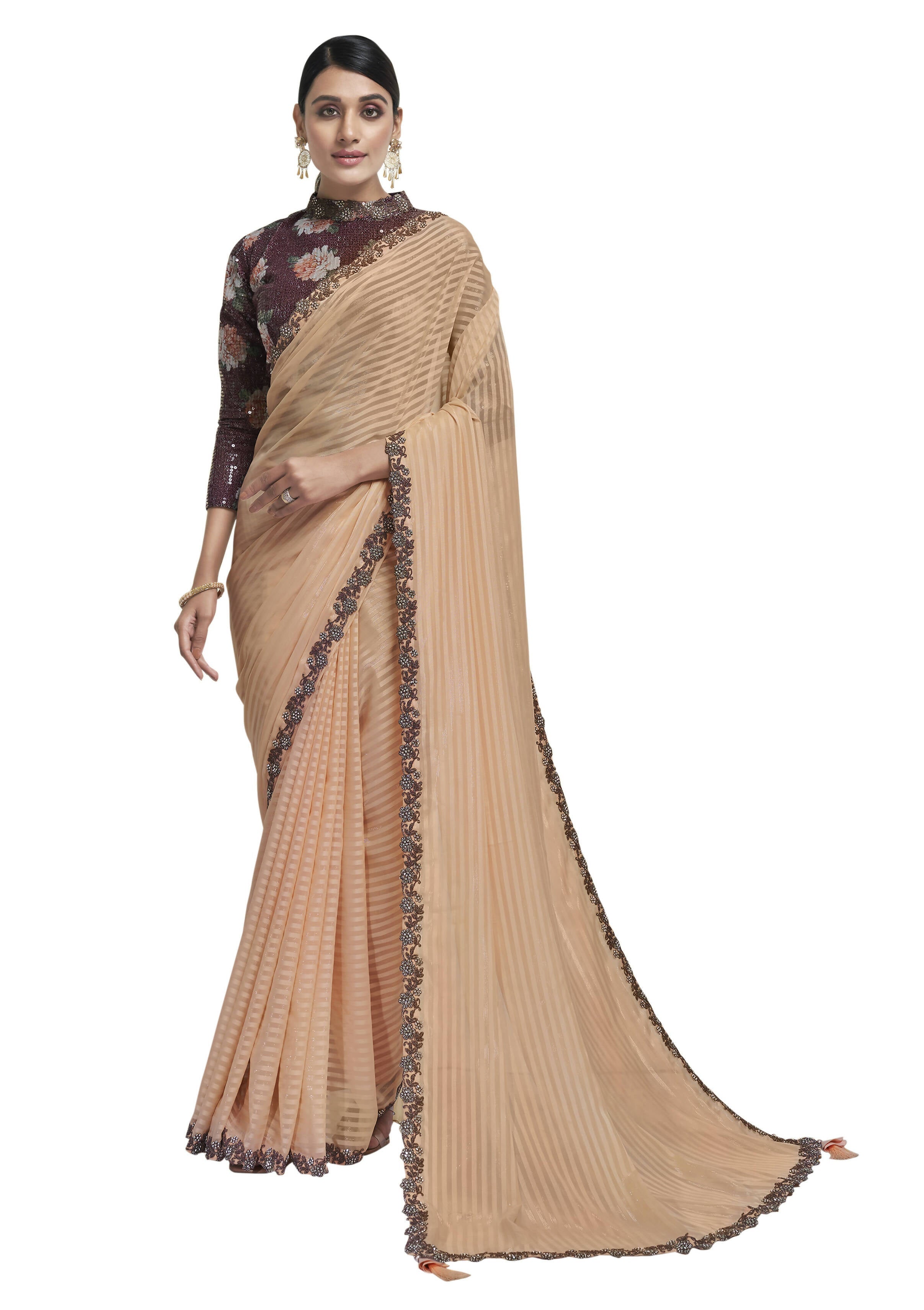 Peach Georgette Stone Work With Embroidery In Border Saree With Blouse Piece - Norita Avyaan | Grocsy