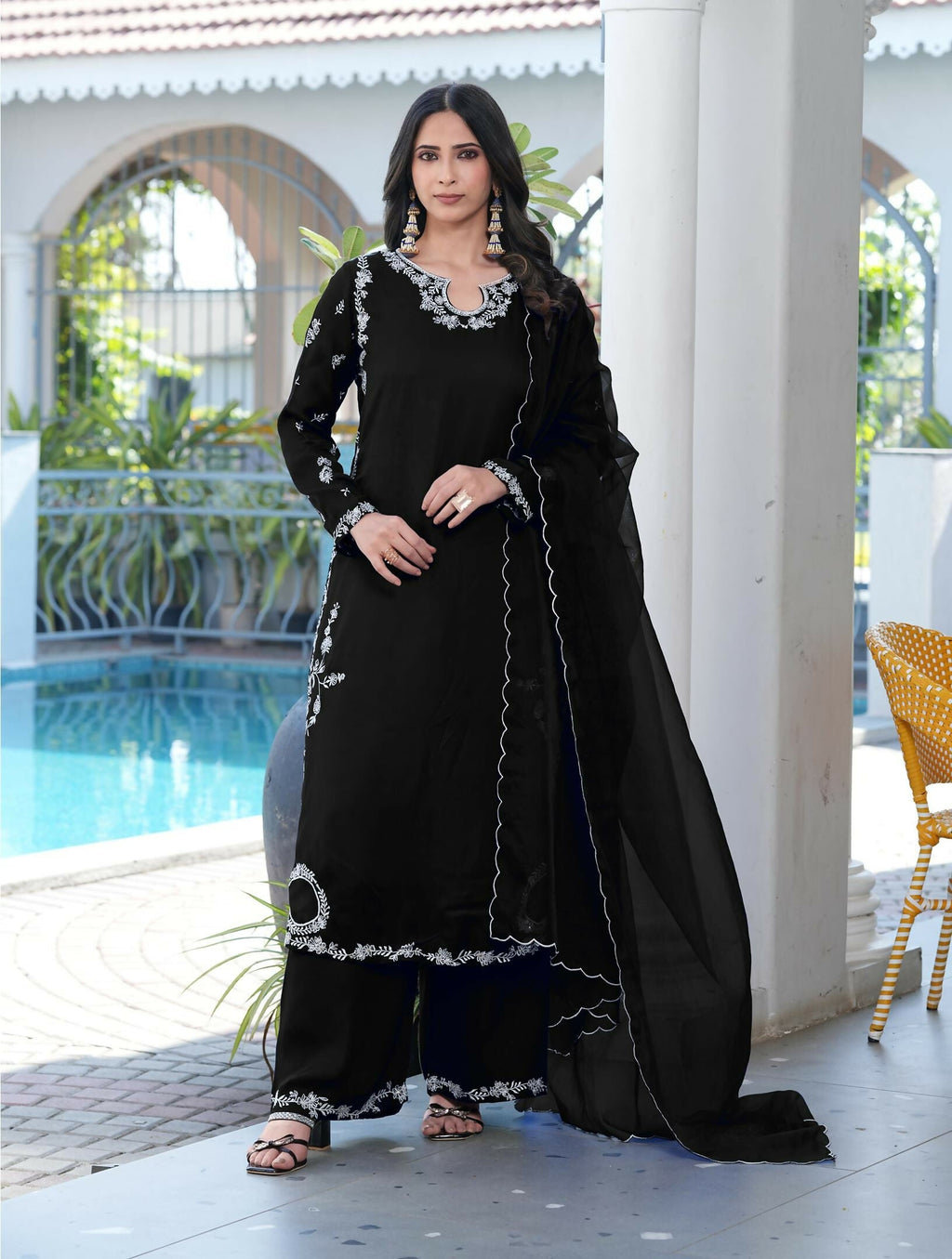 Nikhaar Black Embroidered Modal Silk Stitched Straight Cut Kurta Culottes Dupatta Readymade Suit | Grocsy