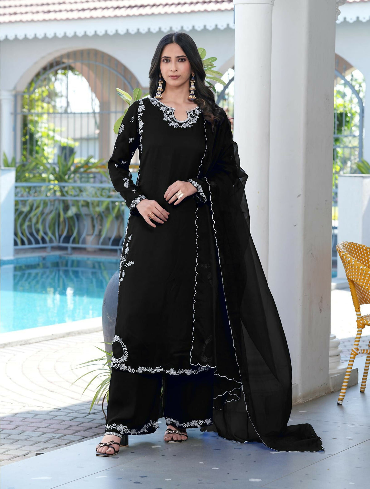 Nikhaar Black Embroidered Modal Silk Stitched Straight Cut Kurta Culottes Dupatta Readymade Suit | Grocsy