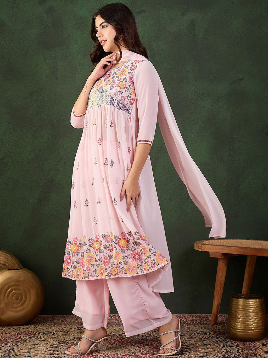 Sangria Embroidered Kurta, Palazzo With Dupatta | Grocsy