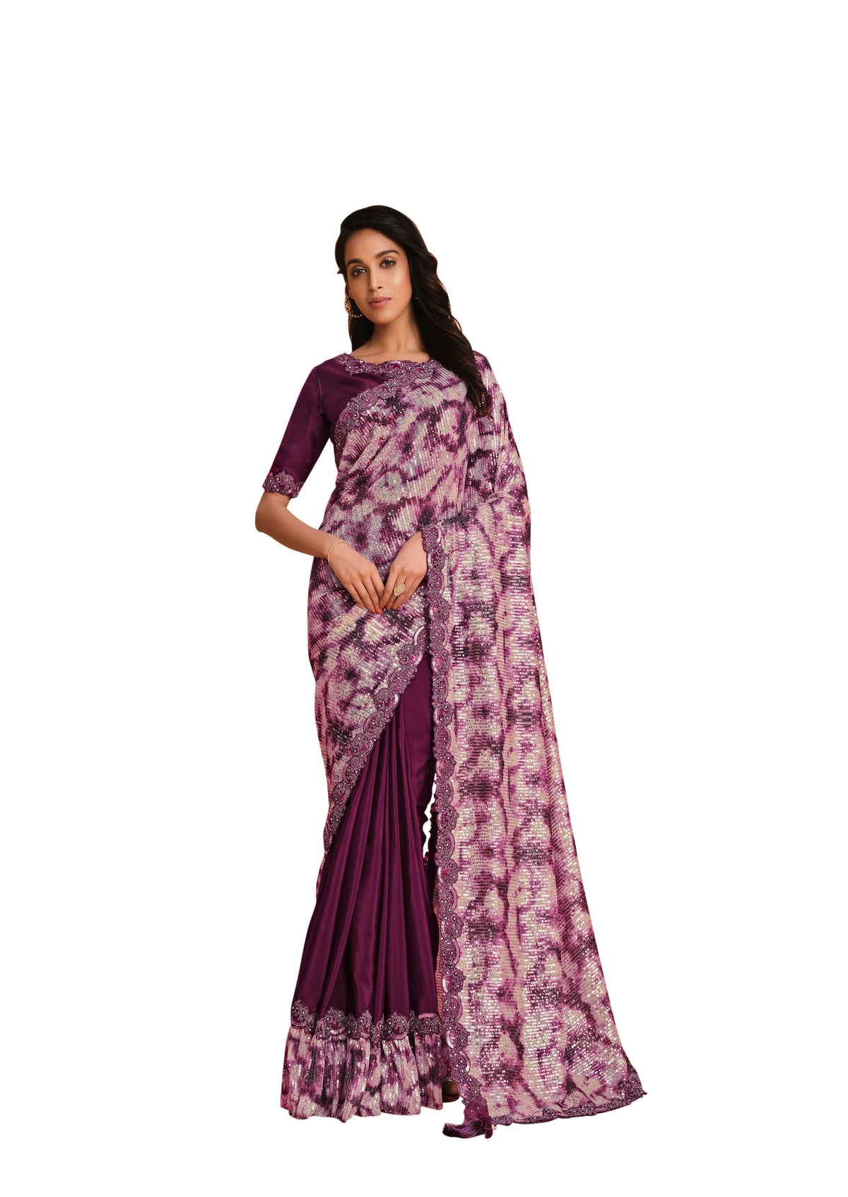 Purple Satin Crepe Silk Sequence Embroidered Saree With Unstitched Blouse - Mohmanthan Yavanika | Grocsy