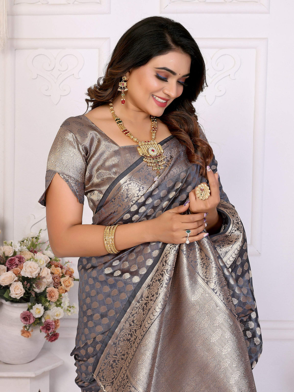 Aastha Fashion Grey Organza Silk Weaving Saree | Grocsy