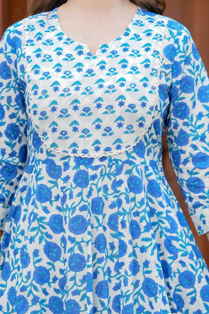 Jaimini Women Cotton Printed Round Neck Calf Length Flared Kurta Pant And Dupatta Set | Grocsy