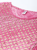 Yufta Women Pink Bandhani Yoke Design Pure Cotton Kurta with Palazzo and Dupatta | Grocsy