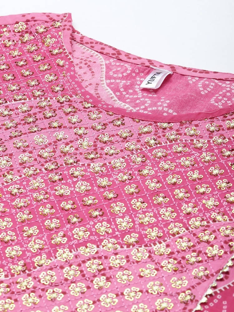 Yufta Women Pink Bandhani Yoke Design Pure Cotton Kurta with Palazzo and Dupatta | Grocsy