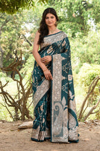 Joban Fashion Green Banarasi Soft Pure Handloom Banarasi Silk Saree | Grocsy