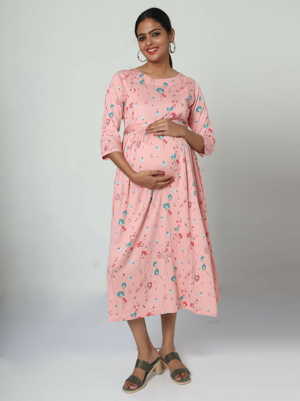 Manet Three Fourth Maternity Dress Floral Print With Concealed Zipper Nursing Access - Peach | Grocsy