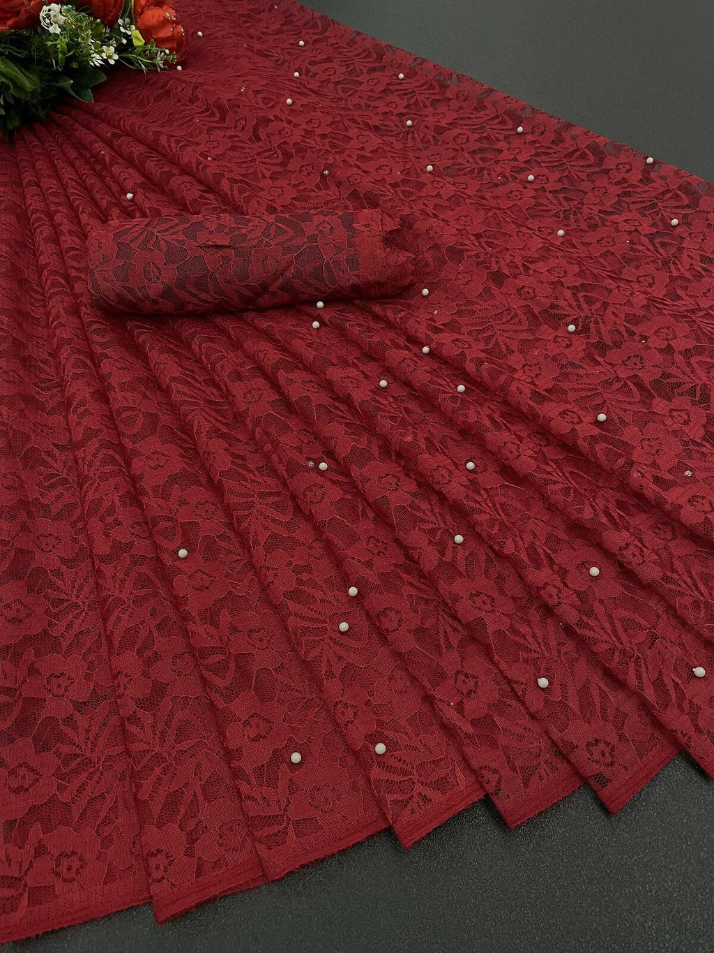 Vamika Maroon Pearls Net Saree | Grocsy