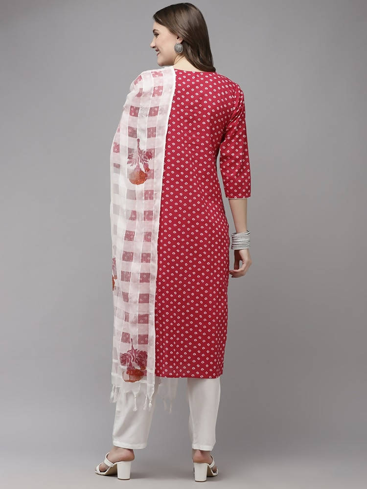 Yufta Women Pink And White Printed Kurta with Trouser & With Dupatta | Grocsy