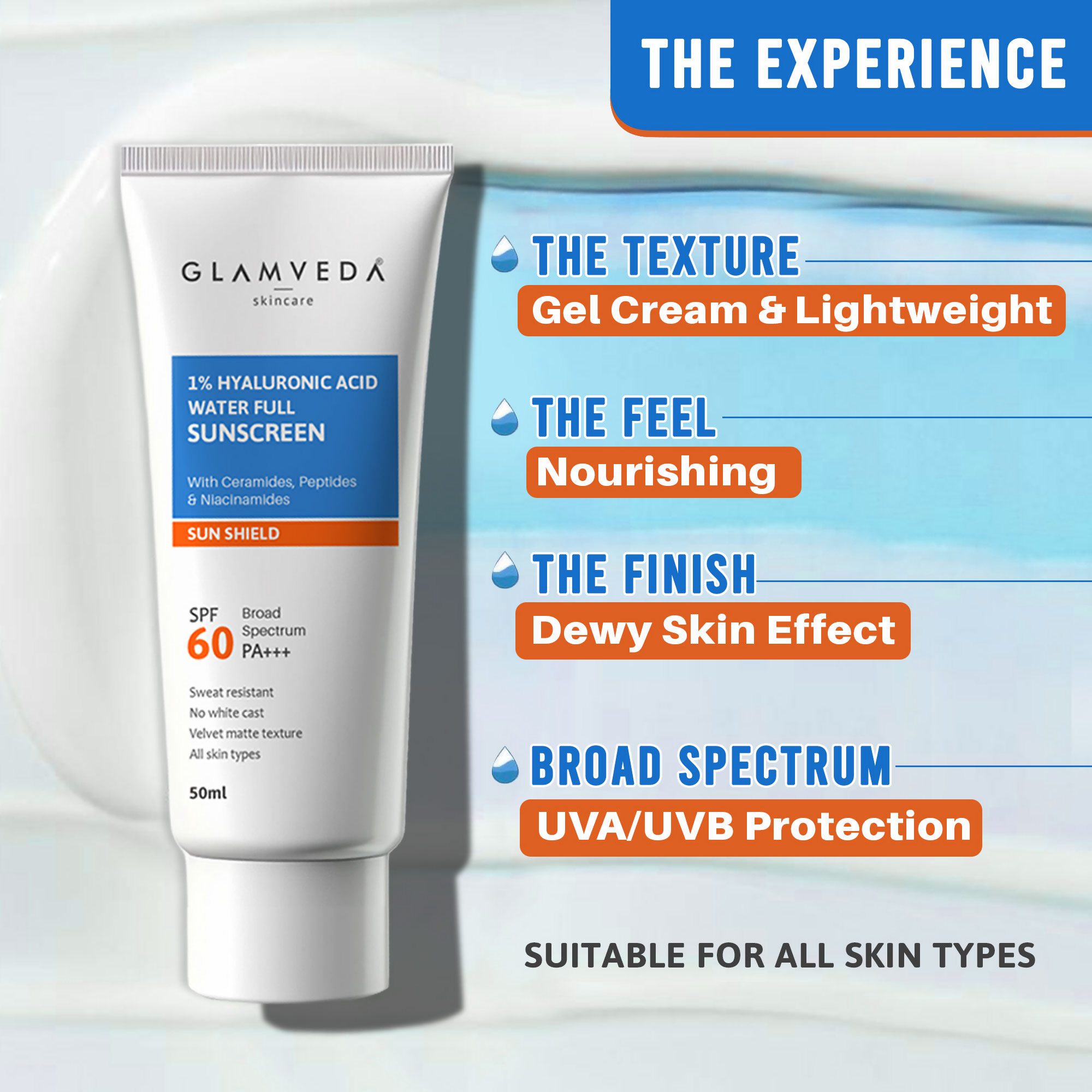 Glamveda 1% Hyaluronic Acid Water Full Sunscreen SPF 60 PA+++ | Grocsy