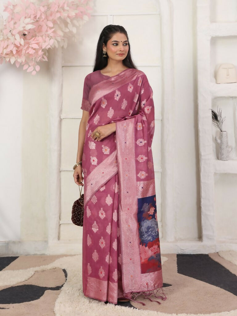 Shree Shyam Fashion Linen Cotton Pink Saree | Grocsy